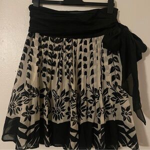 Zara Basic Cotton Silk Floral Bow Waist Flare Skirt Black Cream Size Large